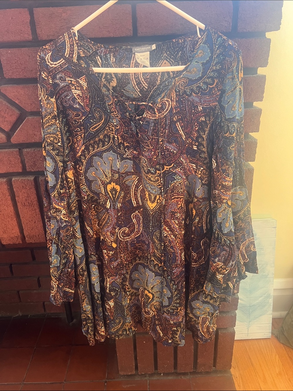 EARTHBOUND Paisley Long-Sleeve Tunic Dress in Blue and Brown